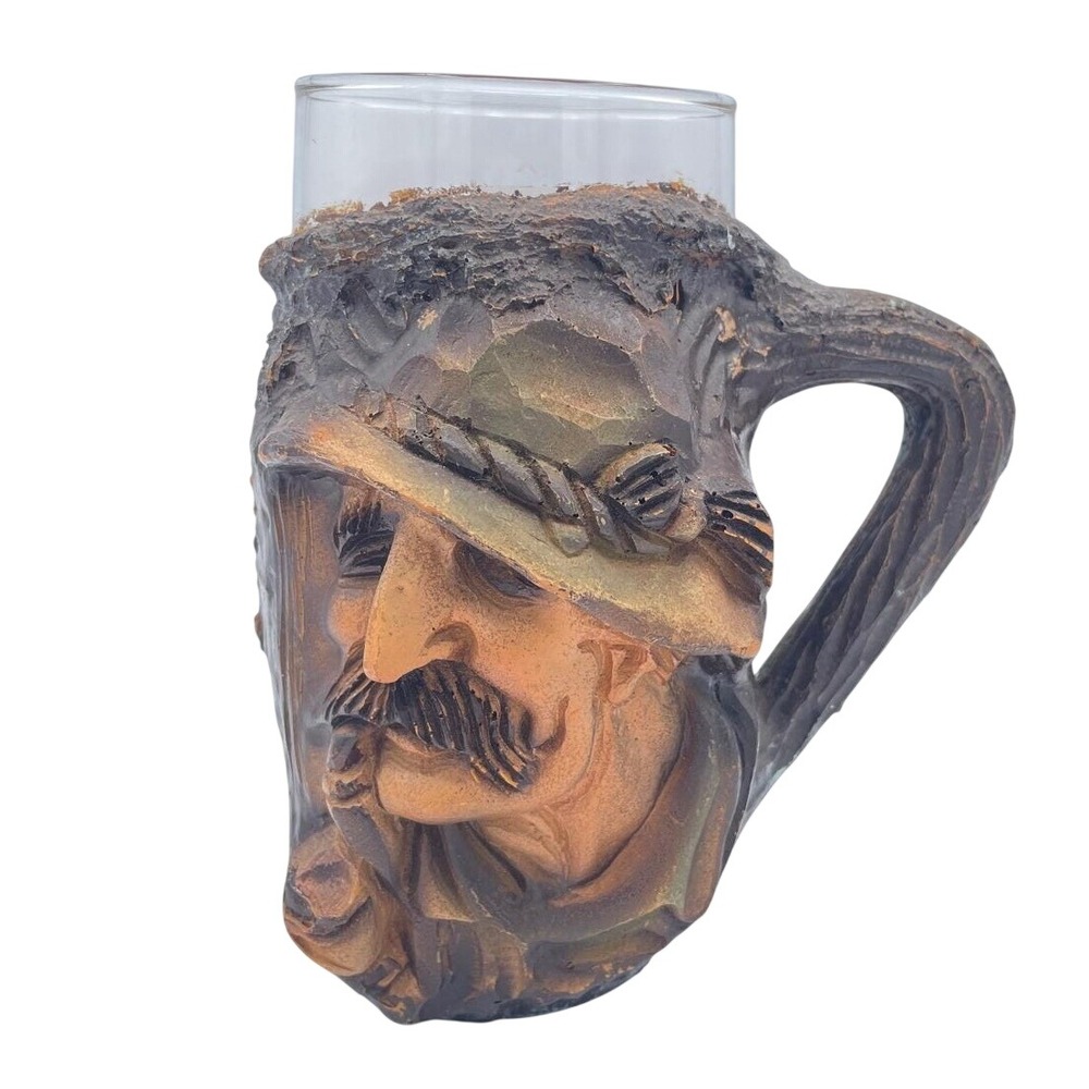 Vintage German Resin Faux Wood Tree Bark Beer Stein Hunter Face Sachsenglas Mug